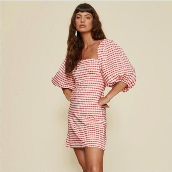 LPA Red Heart Gingham Carly Mini Dress Puff Sleeve Romantic Fit & Flare M - Picture 2 of 8